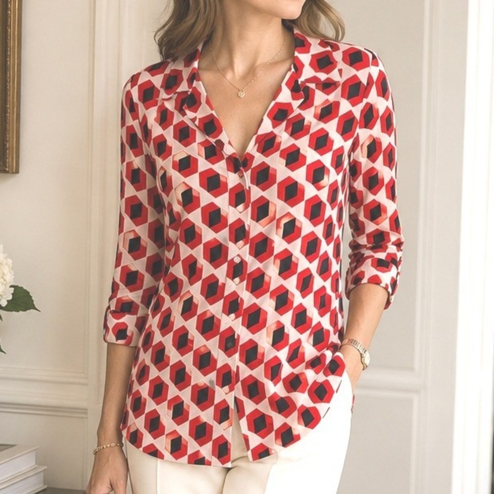Diane von Furstenberg Silk Geometric Cube Print Tunic Top Red Black 2